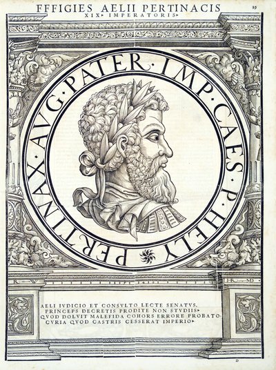 Aelius Pertinax, Illustration aus Imperatorum romanorum omnium orientalium et occidentalium verissimae imagines ex antiquis numismatis von Hans Rudolf Manuel Deutsch